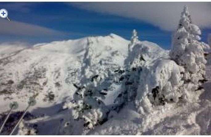 les montagnes sont couvertes de neige et les arbres sont couverts de neige.