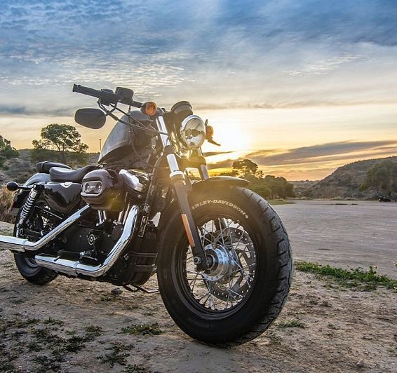 una motocicleta harley davidson está estacionada en un campo al atardecer