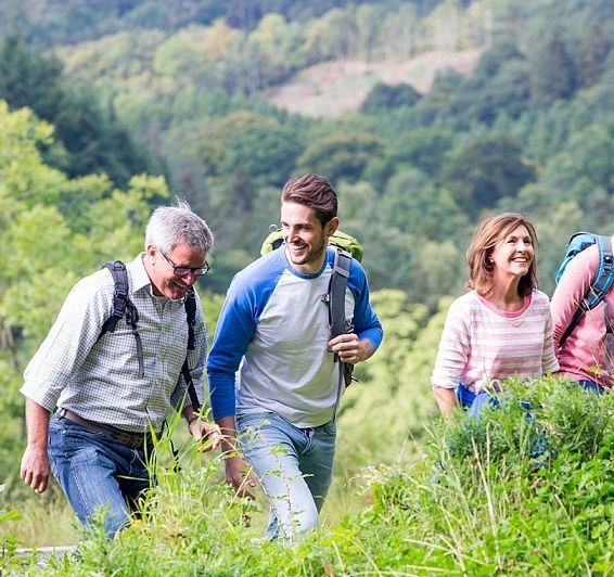 un grupo de personas con mochilas camina por un campo